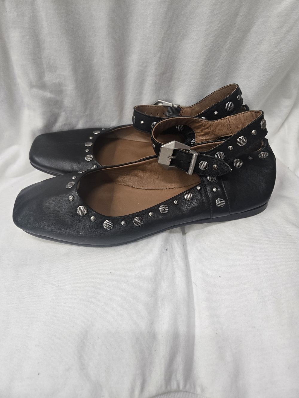 Black Studded Ankle-Strap Ballet Flats